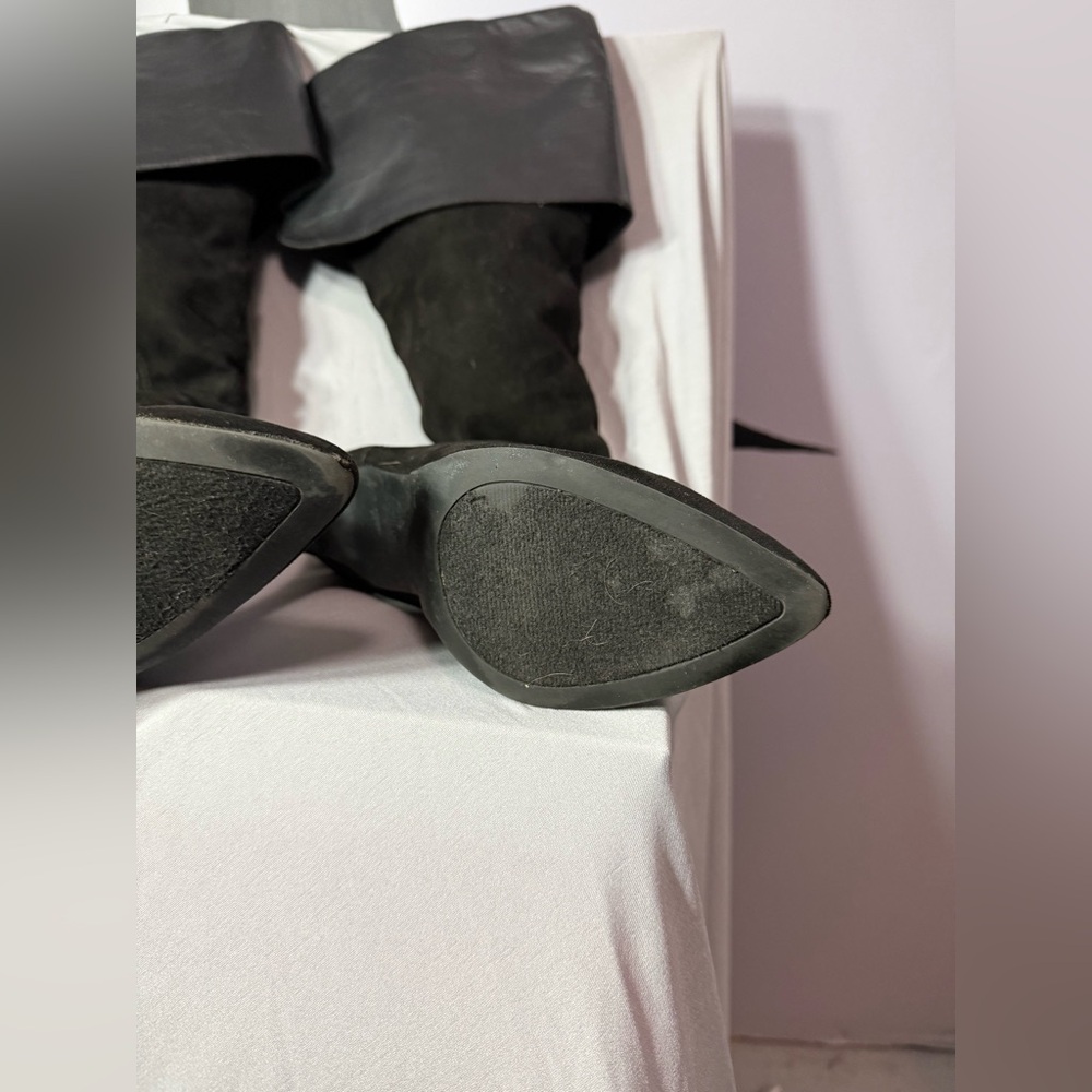 Aliz Black Over-the-Knee Stiletto Boots | Fold-Over Cuff | Statement Thigh High - Picture 5 of 7
